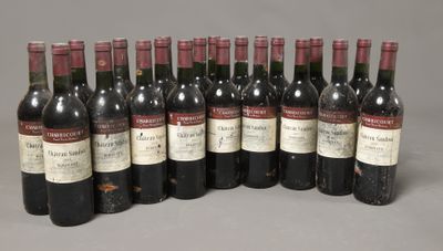 Plusieurs bouteilles de vin rouge sont alignées en rangée
