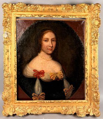 portrait of a lady in a black dress with a red bow