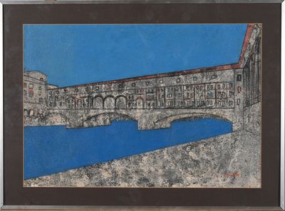 a picture of a painting of a bridge over a body of water