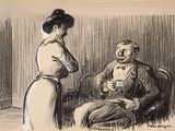dessin représentant un homme assis sur une chaise en train de parler à une femme, un verre de vin à la main