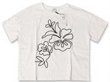 a white t - shirt with a flower design on the front