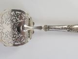 silver plated serving spoon with ornate design on it