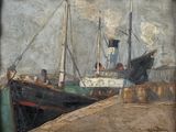 un tableau représentant un bateau amarré dans l'eau
