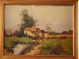 an oil painting of a farm scene with a horse in the foreground