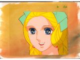 a painting of a girl with blonde hair and a bow on her head