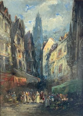 painting of a street scene with a church in the background
