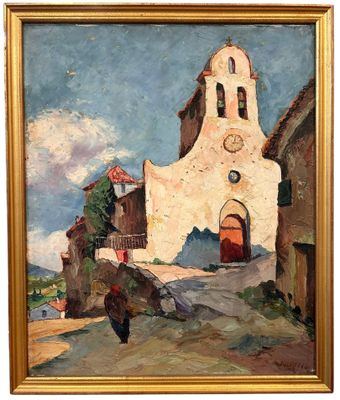 an oil painting of a church with a rooster in front of it