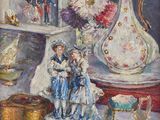 un tableau représentant un vase et d'autres objets posés sur une table