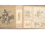 un vieux livre sur lequel figure le dessin d'un homme à cheval et d'un homme à cheval