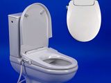 a white toilet with the lid up and a blue background