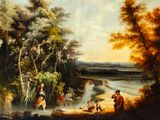 a painting of a painting of people in the water