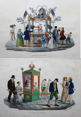deux dessins représentant des personnes en tenues élégantes et coiffées de chapeaux, à bord d'un bateau