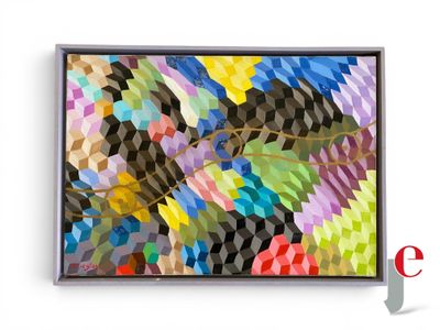 peinture abstraite représentant des feuilles colorées sur un mur blanc