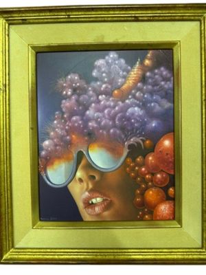 tableau représentant une femme portant des lunettes de soleil et des raisins dans les cheveux