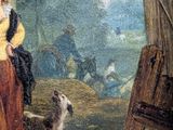 a painting of a woman and a dog in a wooded area