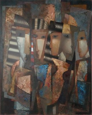 peinture abstraite représentant un groupe de personnes aux formes et aux couleurs variées