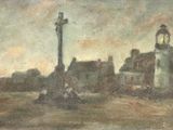 un tableau représentant un lampadaire au milieu d'un champ