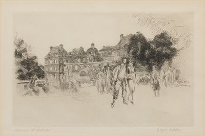 dessin représentant un groupe de personnes marchant dans une rue devant un immeuble