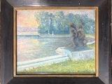 tableau représentant un couple assis sur un banc au bord de l'eau