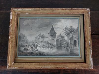 an old picture of a painting of a village with horses and people