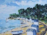 une peinture de bateaux sur le rivage d'une plage