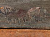 painting of two sheep in a field with trees in the background