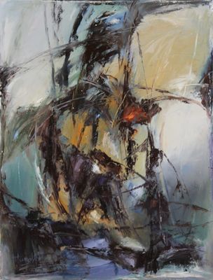 an abstract painting of a horse running through a field of grass