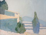 un tableau représentant une maison et des arbres sous la neige