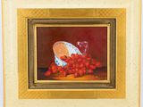 painting of a bowl of strawberries and a bowl of oranges on a table