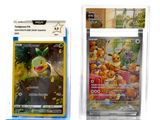 deux cartes à collectionner pokemon dans un support en plastique sur fond blanc