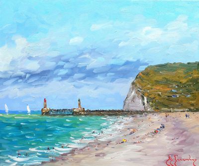 a painting of a beach with a lighthouse in the distance