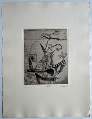 an old black and white drawing of a man in a boat