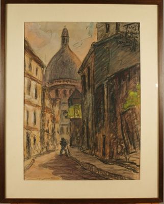 tableau représentant un homme marchant dans une rue, avec un immeuble en arrière-plan
