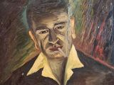 painting of a man in a black shirt with a cigarette in his mouth