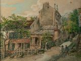 painting of a street scene with a horse drawn carriage in front of a building