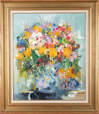 une peinture à l'huile représentant un vase de fleurs sur une table
