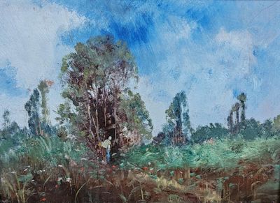 un tableau représentant un arbre dans un champ avec de l'eau