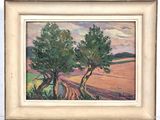 an oil painting of two trees in a field with a sky background