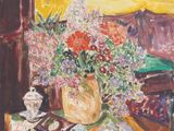 une peinture représentant un vase de fleurs sur une table