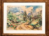 a watercolor painting of a dirt road with trees and mountains in the background