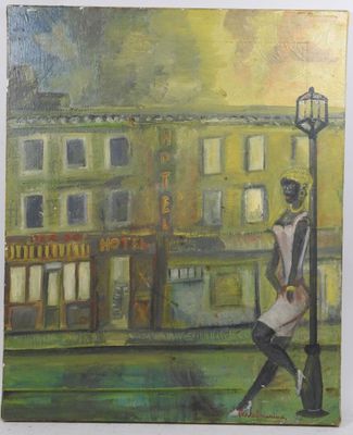 une peinture à l'huile représentant un homme marchant dans la rue à côté d'un lampadaire