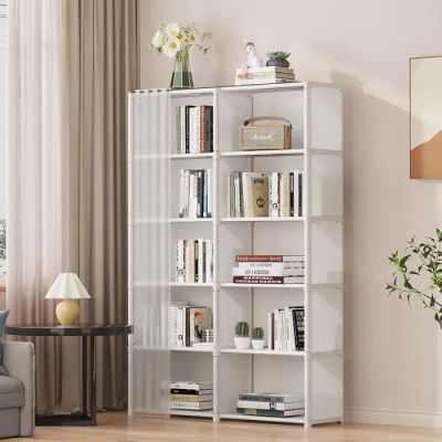 an image of a living room with a white bookcase