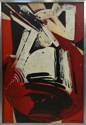 painting of a red and black abstract painting on a white background