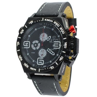 men ' s watch with black dial and black leather strap