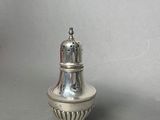 a silver salt and pepper shaker sitting on a table