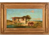 une peinture à l'huile représentant des chevaux dans un champ près d'une maison