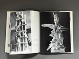 a book opened to show a black and white photo of a statue