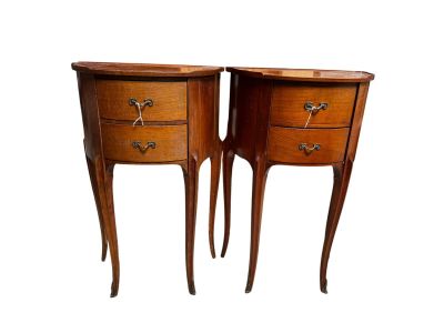 pair of wooden nightstand tables with drawers on each side of each other