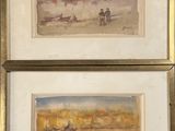 deux aquarelles représentant une scène de plage, dans un cadre doré
