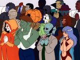 un groupe de personnages de dessins animés rassemblés au milieu d'une foule